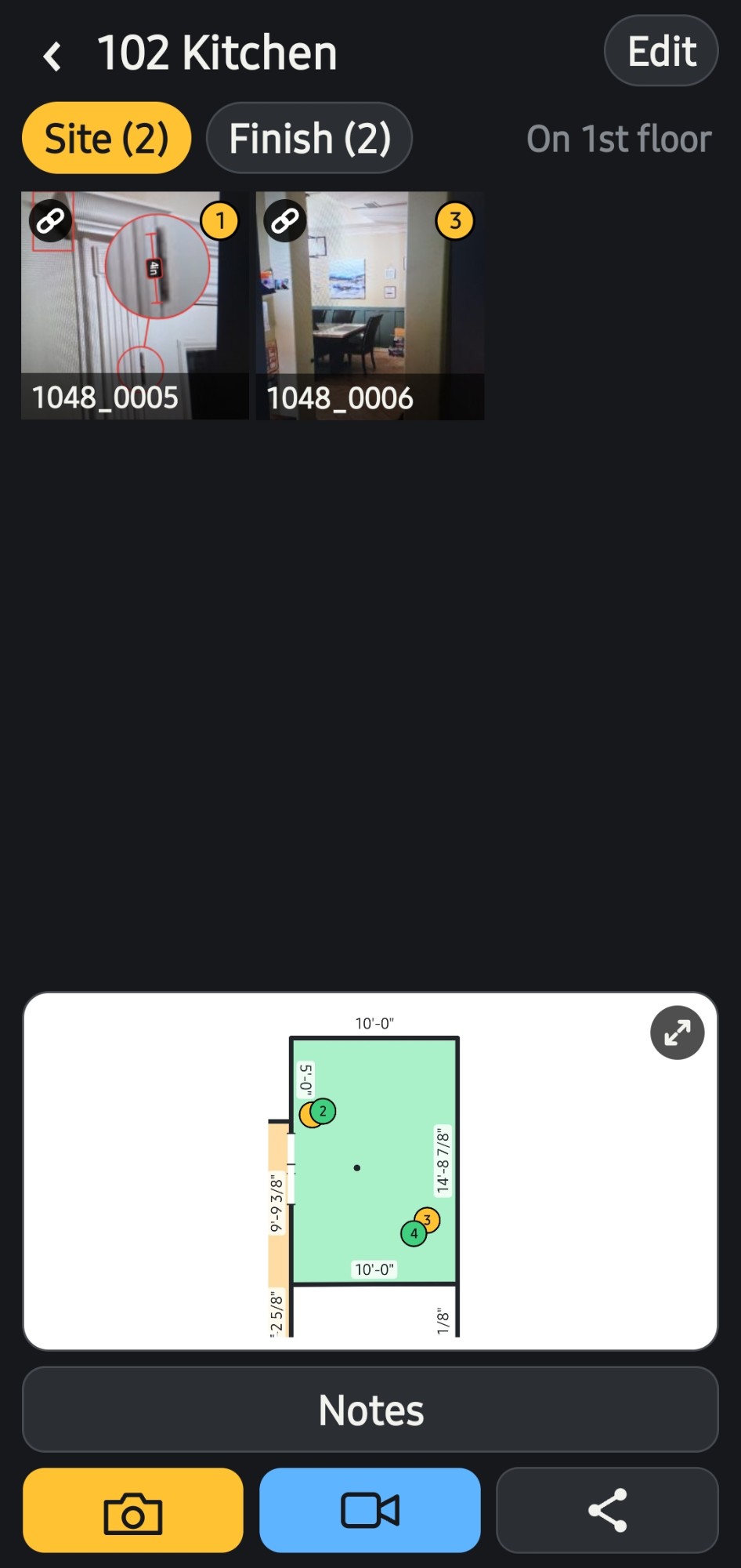A space with site photos and its plan with photo tags